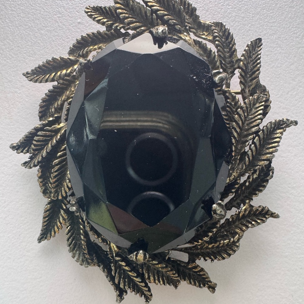 Vintage Brooch Black Facetted Glass Large Silver Tone